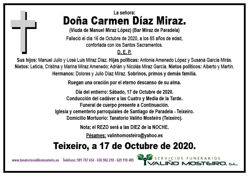 Esquela de Carmen Díaz Miraz.